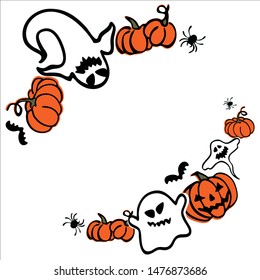 Halloween frame. Pumpkin, Ghost, spider, bat. Frame for congratulations.