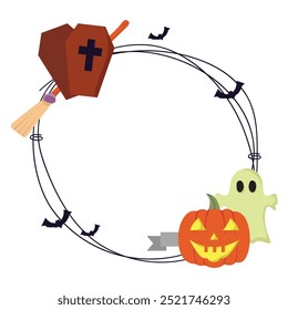 Halloween frame with pumpkins, bat, coffin, broom and ghost cartoon.Vector illustration