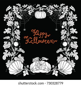 Halloween frame with pumpkins and lettering on black background. Hand drawn illustration with design elements  