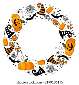 Halloween frame. Round wreath with black orange Pumpkins, candle, witch hat, bat, spider, cobweb. Hand drawn autumn vector circle frame with copy space. Halloween holidays sketch design in flat style