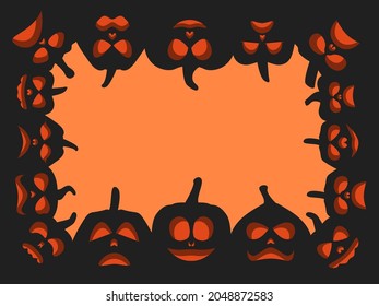 Halloween frame with scary pumpkins. Border with pumpkin lantern. Design a template for invitations, leaflets and greeting cards. Vector illustration