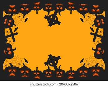 Halloween frame with scary pumpkins. Border with pumpkin lantern, cross and bats. Design a template for invitations, leaflets and greeting cards. Vector illustration