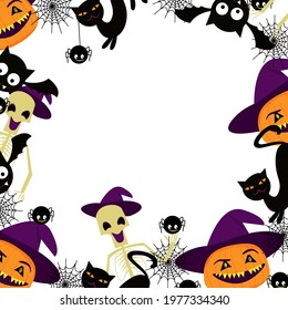
halloween frame with skeleton spider bat and pumpkin