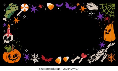 Halloween frame with skull,  pumpkins, bats, spiderweb, cat. Halloween border isolated on black. Design element for card, poster, text decoration. Vector illustration.