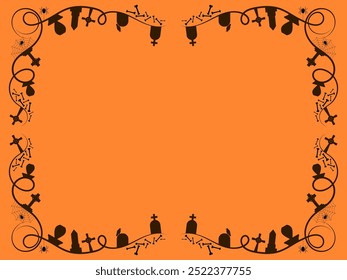 Halloween-Rahmen mit Platz für Text. Halloween Rahmen mit Spinnweben, Spinnen, Grabsteinen und Krähen. Gestalten Sie eine Vorlage für Einladungen, Broschüren und Grußkarten. Vektorgrafik