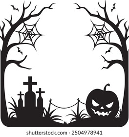 Halloween frame template for holiday horror night, vector cartoon monsters. Halloween creepy jack-o'-lanterns, scary ghosts and skeletal skull in cemetery for social media frames 3