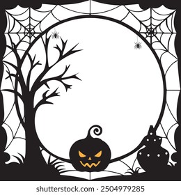 Halloween frame template for holiday horror night, vector cartoon monsters. Halloween creepy jack-o'-lanterns, scary ghosts and skeletal skull in cemetery for social media frames