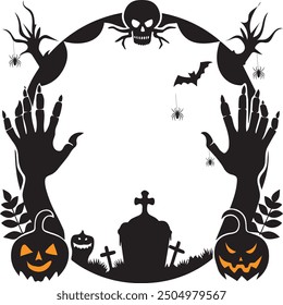 Halloween frame template for holiday horror night, vector cartoon monsters. Halloween creepy jack-o'-lanterns, scary ghosts and skeletal skull in cemetery for social media frames 2