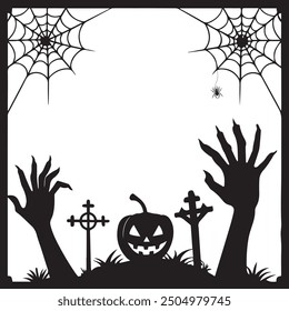 Halloween frame template for holiday horror night, vector cartoon monsters. Halloween creepy jack-o'-lanterns, scary ghosts and skeletal skull in cemetery for social media frames 4