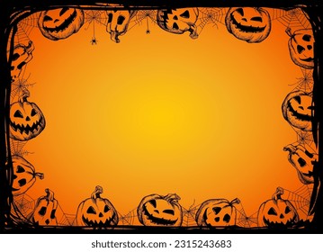 Halloween frame. Vector illustration of Halloween Background with Jack O'Lanterns and web.