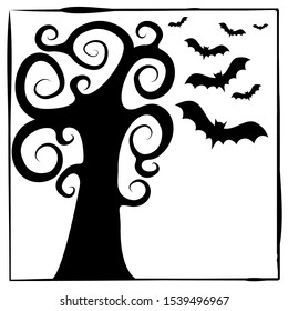 Halloween Frame. Vector illustration. Black tree with bats. Horrible frame
