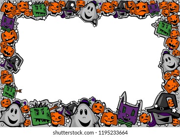 Halloween frame with witches, zombies, ghosts, cats and pumpkins in a comical cartoon style for greetings, posters, ads, sales, coupons, checks, certificates, invitations, flyers, cards