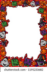 Halloween frame with witches, zombies, ghosts, cats and pumpkins in a comical cartoon style for greetings, posters, ads, sales, coupons, checks, certificates, invitations, flyers, cards