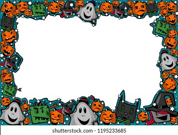 Halloween frame with witches, zombies, ghosts, cats and pumpkins in a comical cartoon style for greetings, posters, ads, sales, coupons, checks, certificates, invitations, flyers, cards