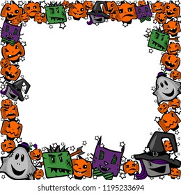 Halloween frame with witches, zombies, ghosts, cats and pumpkins in a comical cartoon style for greetings, posters, ads, sales, coupons, checks, certificates, invitations, flyers, cards