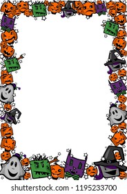 Halloween frame with witches, zombies, ghosts, cats and pumpkins in a comical cartoon style for greetings, posters, ads, sales, coupons, checks, certificates, invitations, flyers, cards