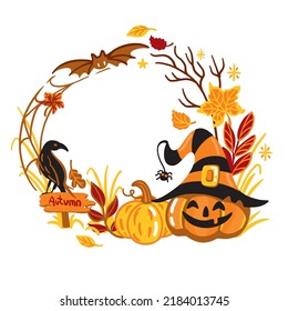 Halloween frame for your text. Autumn leaves, branches, pumpkins and other traditional elements of Halloween. Vector illustration. Mockup.