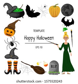 Halloween frame for your text with traditional attributes. Cartoon style. Vector illustration
