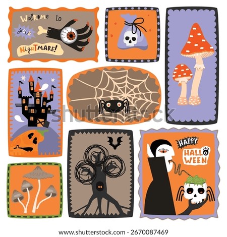 Halloween frames art set with  vampire, haunted castle, pumpkin, zombie hand with eye, scary tree, bat, fly agaric, toadstool, potion, spider, web. Geometric shapes with cartoon objects on white.