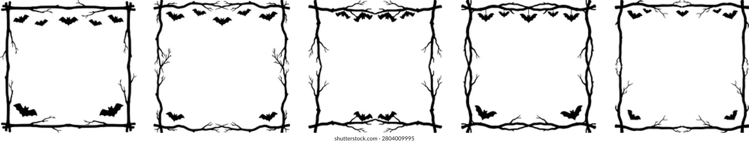 Halloween frames borders with bats and twigs for photo editing and decoration, square frames made from twisted tree branches and roots perfect for a spooky or rustic design