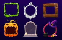 Halloween Frames. Cemetery Grave Stone, Green Slime With Eyes And Bones, Ghost, Scary Jack O Lantern Pumpkin, Wooden Planks In Dust And Spider Web, Witch Hat, Cauldron Vector Halloween Cartoon Frames
