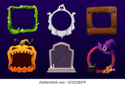 Halloween frames. Cemetery grave stone, green slime with eyes and bones, ghost, scary Jack o lantern pumpkin, wooden planks in dust and spider web, witch hat, cauldron vector Halloween cartoon frames