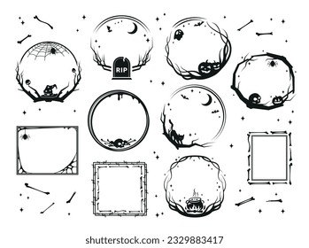 Halloween frames circle square black monochrome minimal design set line vector illustration. Round rectangle simple border with skull ghosts bat pumpkin potion pot bone and spider for invitation decor