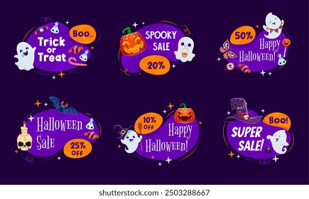 Halloween frames with kawaii ghost characters. Isolated cartoon vector promo sale badges, tags or greeting banners set for seasonal discount, festive clearance and trick or trick party celebration