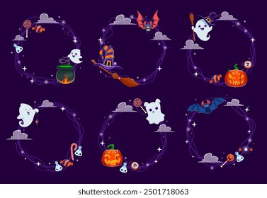 Marcos de Halloween con fantasmas kawaii. Bordes redondos vacíos de vacaciones de Vector para capturar recuerdos espeluznantes, adornados con adorables fantasmas de dibujos animados que dicen boo, caldero, sombreros de bruja, dulces y calabazas