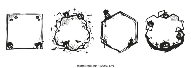 Halloween frames set with silhouettes of pumpkins, bats, spiderweb, tree branches. Halloween border collection isolated on white. Design element for card, poster, text decoration. Vector illustration.