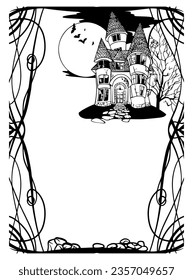 Halloween frames set with silhouettes of pumpkins, bats, spiderweb, tree branches. Halloween border collection isolated on white. Design element for card, poster, text decoration. Vector illustration