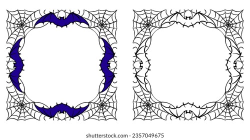 Halloween frames set with silhouettes of pumpkins, bats, spiderweb, tree branches. Halloween border collection isolated on white. Design element for card, poster, text decoration. Vector illustration