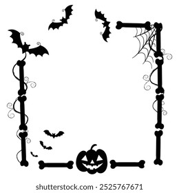 Quadros de Halloween com silhuetas de morcegos, teia de aranha, abóboras e ossos. Coleção de bordas de Halloween isolada em branco. Elemento de design para cartão, cartaz, decoração de texto. Ilustração vetorial.