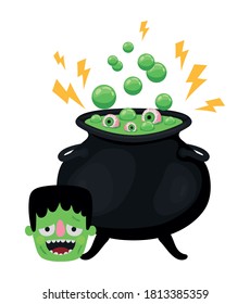 Halloween frankenstein cartoon with witch bowl design, Holiday and scary theme Vector illustration