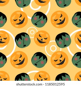 Halloween frankenstein and cute pumpkin seamless pattern. vector illustration for fashion textile print and wrapping with festive design.