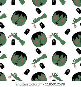Halloween frankenstein and green hand seamless pattern. vector illustration for fashion textile print and wrapping with festive design.