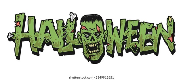 Halloween Frankenstein lettering colorful sticker with green letters and scary monster head for gift product design vector illustration