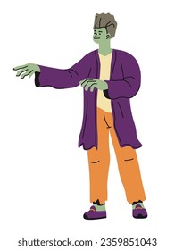 Halloween Frankenstein outfit, isolated personage wearing makeup and clothes. Horror and scary clothing for leisure. Trick or treat, costume for holiday party celebration. Vector in flat style