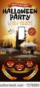 Halloween free entry invitation card. Zombie hand with smartphone. Horror party on 31 october