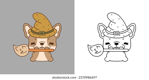 Halloween French Bulldog Dog Multicolored and Black and White. Beautiful Clip Art Halloween Puppy. Cute Vector Illustration of Halloween Kawaii Animal in Witch Costume. 