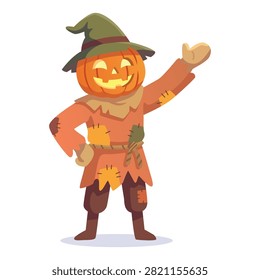 Halloween friendly pumpkin scarecrow with a patched outfit waves hello perfect for autumn harvest and holiday designs