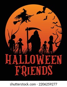 Halloween friends shirt print template, Scary dark moon night vintage retro background Grim reaper ghost cat bat witch pumpkin vector