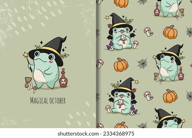 Tarjeta de rana de Halloween y patrón sin fisuras