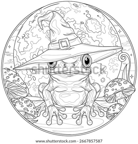 Halloween frog and full moon in a round frame.Coloring book antistress for children and adults. Illustration isolated on white background.Zen-tangle style. Hand draw