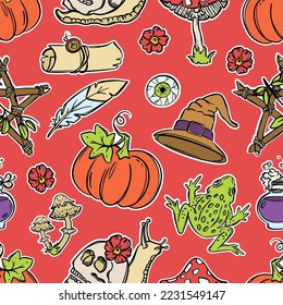 HALLOWEEN FROG Pumpkin Hat Cauldron Poison Snail And Other Witchcraft Elements Flat Design With Contour Cartoon Hand Drawn Seamless Pattern Vector Illustration