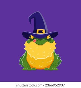 Halloween frog in witch hat for horror night holiday monster and trick or treat party, cartoon vector. Happy Halloween holiday spooky toad frog in witch hat for spooky night celebration