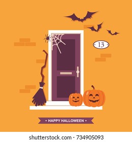 Halloween Front Door House Entrance Decorations Vector Greetings Card