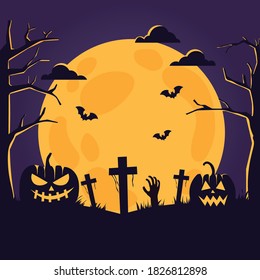 Halloween full moon background with Graves, bats,pumpkin. vector illustration in flat style modern design.