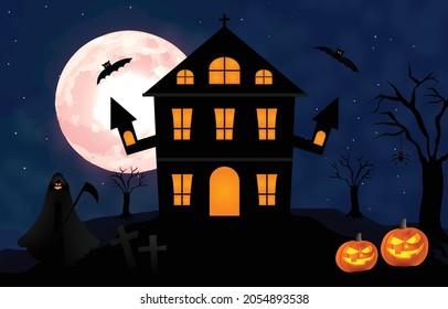 Halloween Full moon, Banner, Spiders, Haunted House, Pumpkins, Death, dead tree, and Bats landscape poster