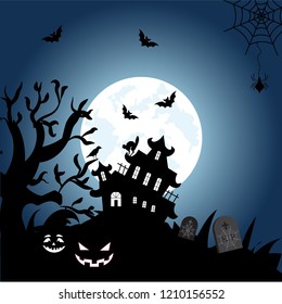 Halloween Full Moon Banner, Witch, Haunted House, Pumpkins, and Bats. Scary, house